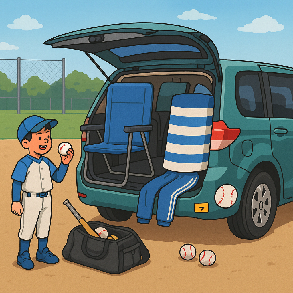 少年野球の送迎で車を使う様子。トランクに折りたたみ椅子を積み、野球ボールやバッグを準備している