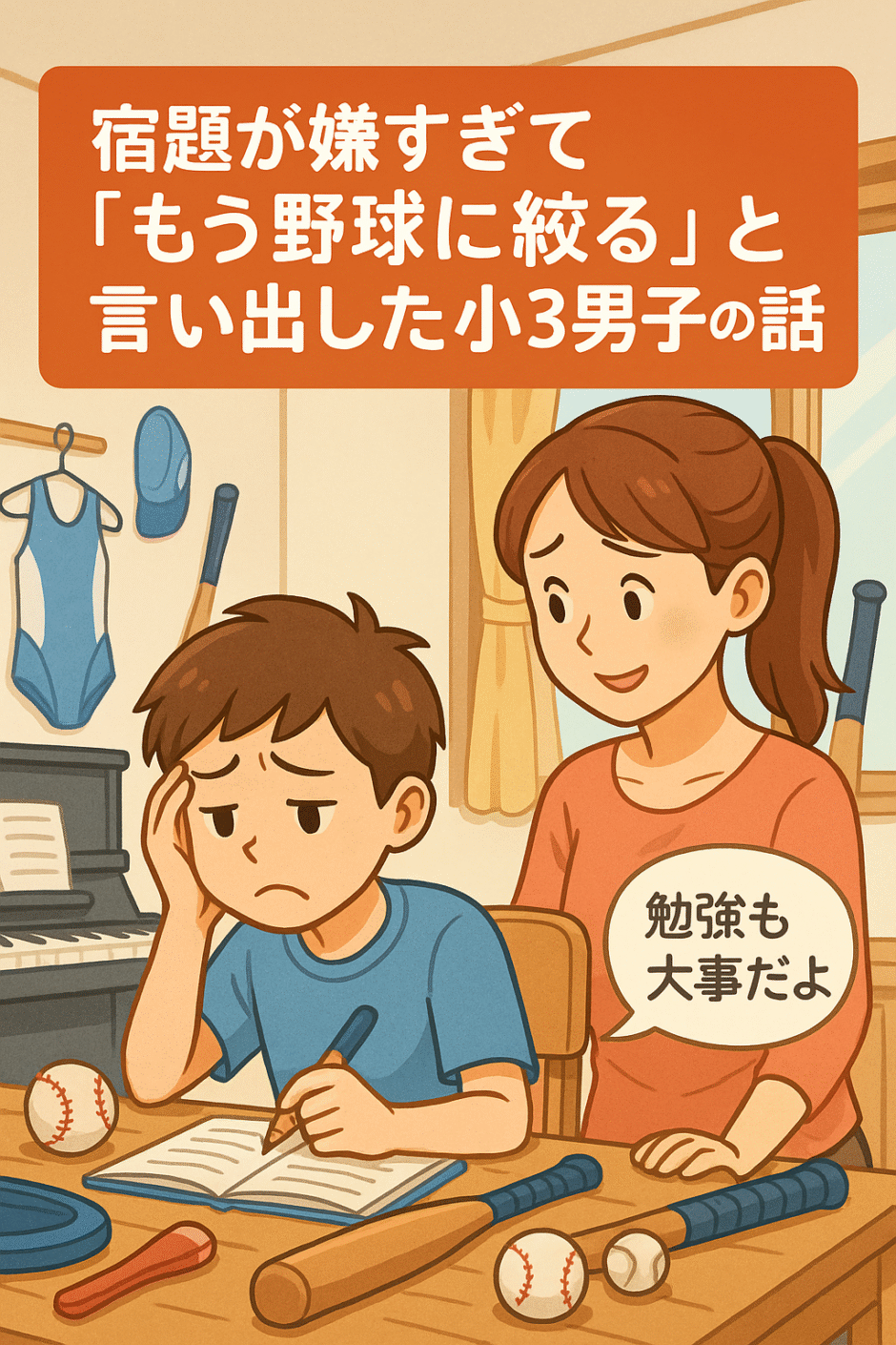 宿題が嫌すぎて野球に絞ると宣言した小３男子とそれを見守る母のイラスト