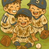 ユニフォームを泥だらけにして笑顔で座る少年野球チームの子どもたちのイラストと「Baseball Mama」のロゴ入り画像