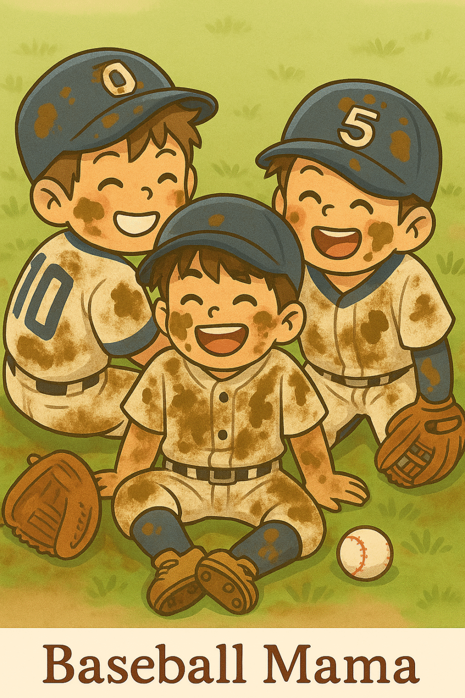 ユニフォームを泥だらけにして笑顔で座る少年野球チームの子どもたちのイラストと「Baseball Mama」のロゴ入り画像