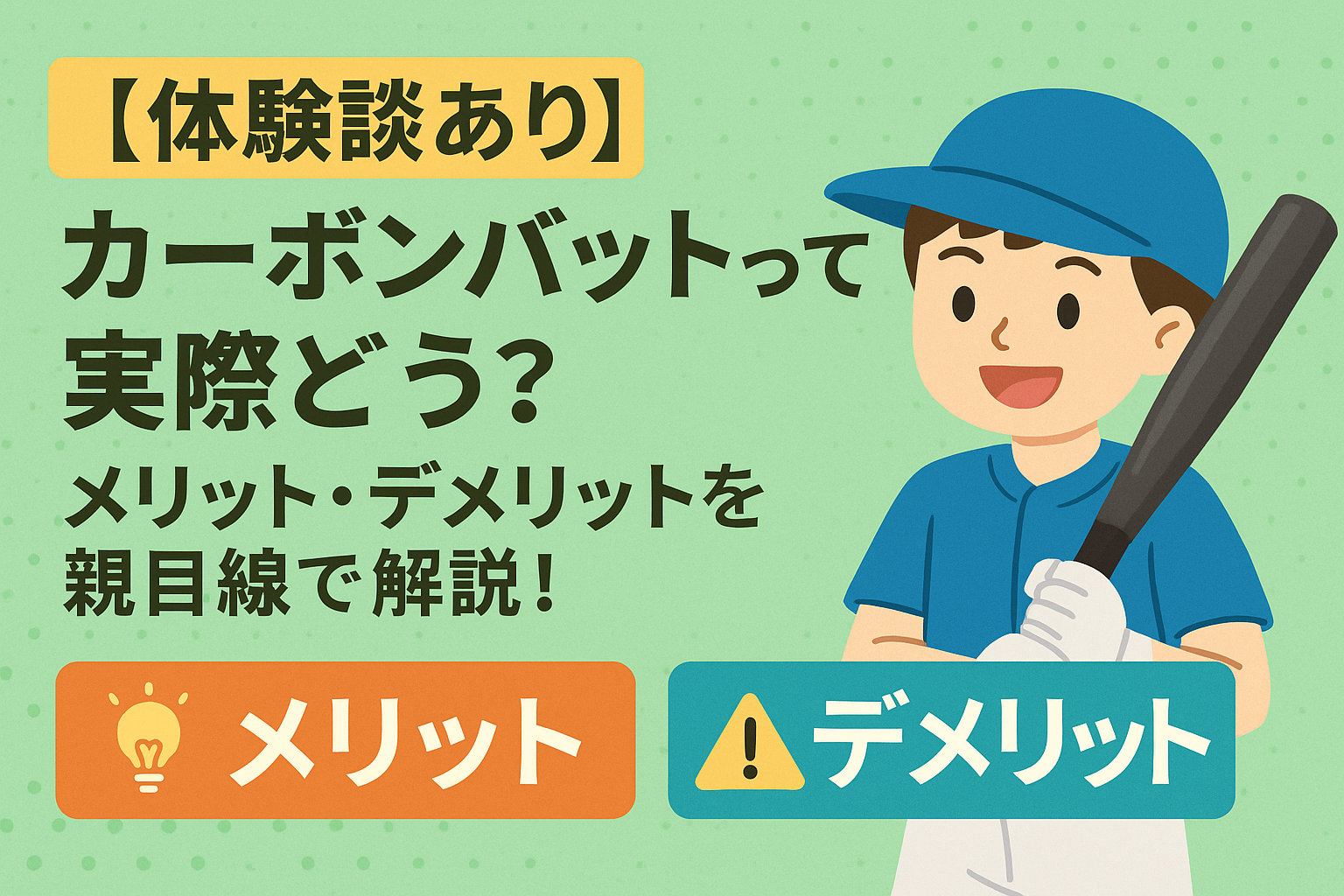 カーボンバットのメリット・デメリットを親目線で解説する体験談記事のアイキャッチ画像。野球少年がカーボンバットを持ち、「メリット」と「デメリット」のボタンが並ぶデザイン。