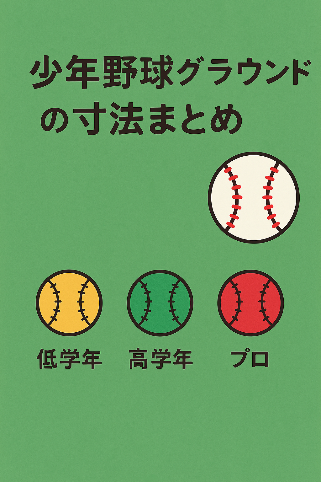 少年野球グラウンドの寸法まとめ｜低学年（黄色）、高学年（緑）、プロ（赤）を可愛いイラスト風の野球ボールで表現したアイキャッチ画像