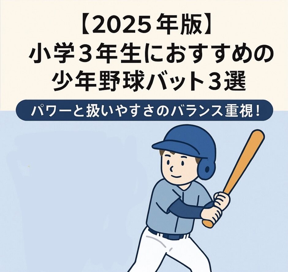 【2025年版】小学3年生におすすめの少年野球バット3選を紹介する日本語インフォグラフィック。青いユニフォームとヘルメットの少年がバットを構えているイラストと、「パワーと扱いやすさのバランス重視！」の文字が表示されている。