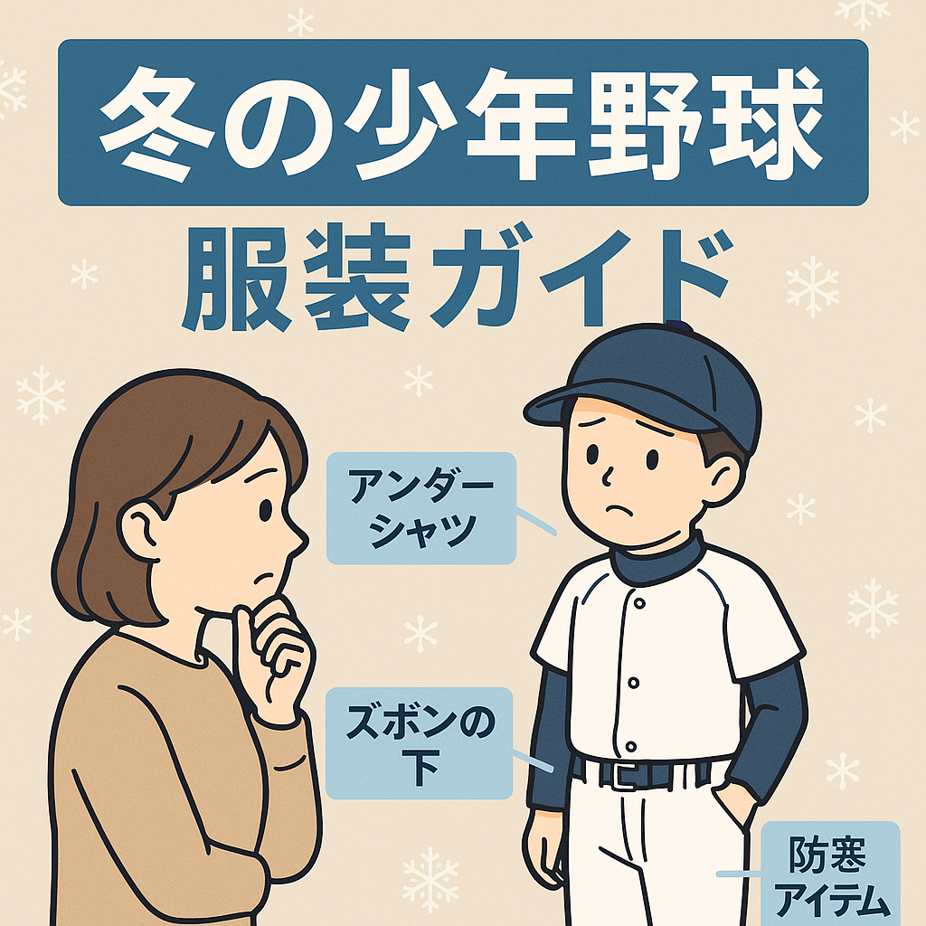 冬の少年野球の服装に悩む母親と野球少年が、アンダーシャツやズボン下など防寒アイテムを確認しているイラスト｜冬の少年野球の服装ガイド