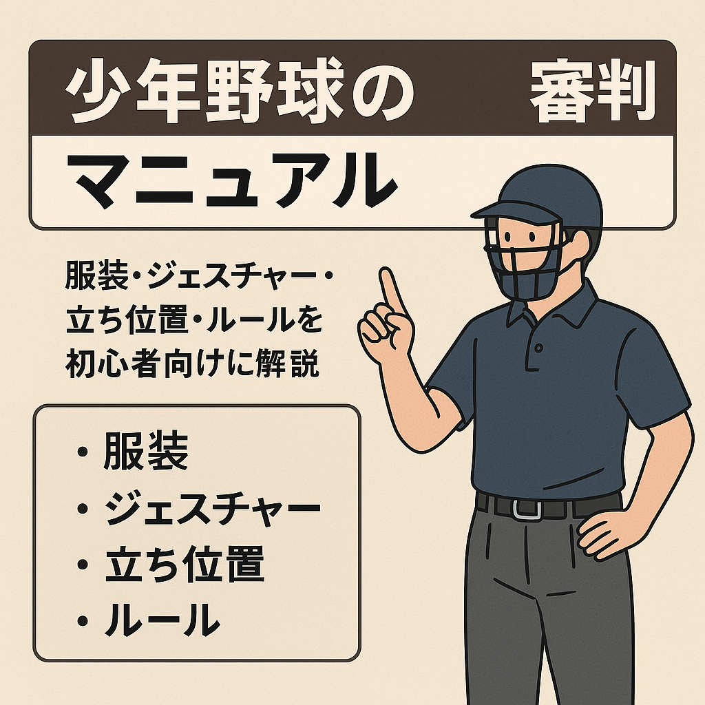 少年野球の審判マニュアル｜服装・ジェスチャー・立ち位置・ルールを初心者向けに解説したイラスト。審判の男性が指を立てて説明しているデザイン