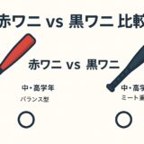 赤ワニと黒ワニの違いを比較したシンプルなアイキャッチ画像（少年野球用バット）