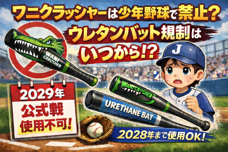ワニクラッシャーは少年野球で禁止？ウレタンバット規制はいつからかを解説するアイキャッチ画像