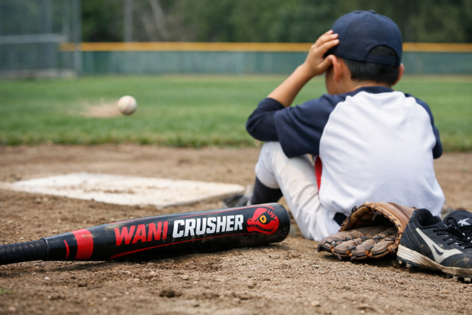 少年野球でワニクラッシャーを使っても飛ばず悩む小学生バッターのイメージ画像