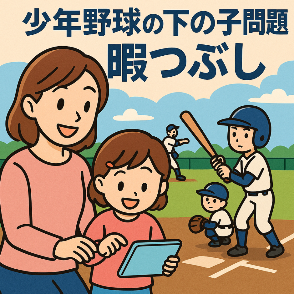 少年野球の付き添いで下の子が暇つぶししている様子を描いたイラスト｜タブレットで遊ぶ子どもと野球をする兄の場面