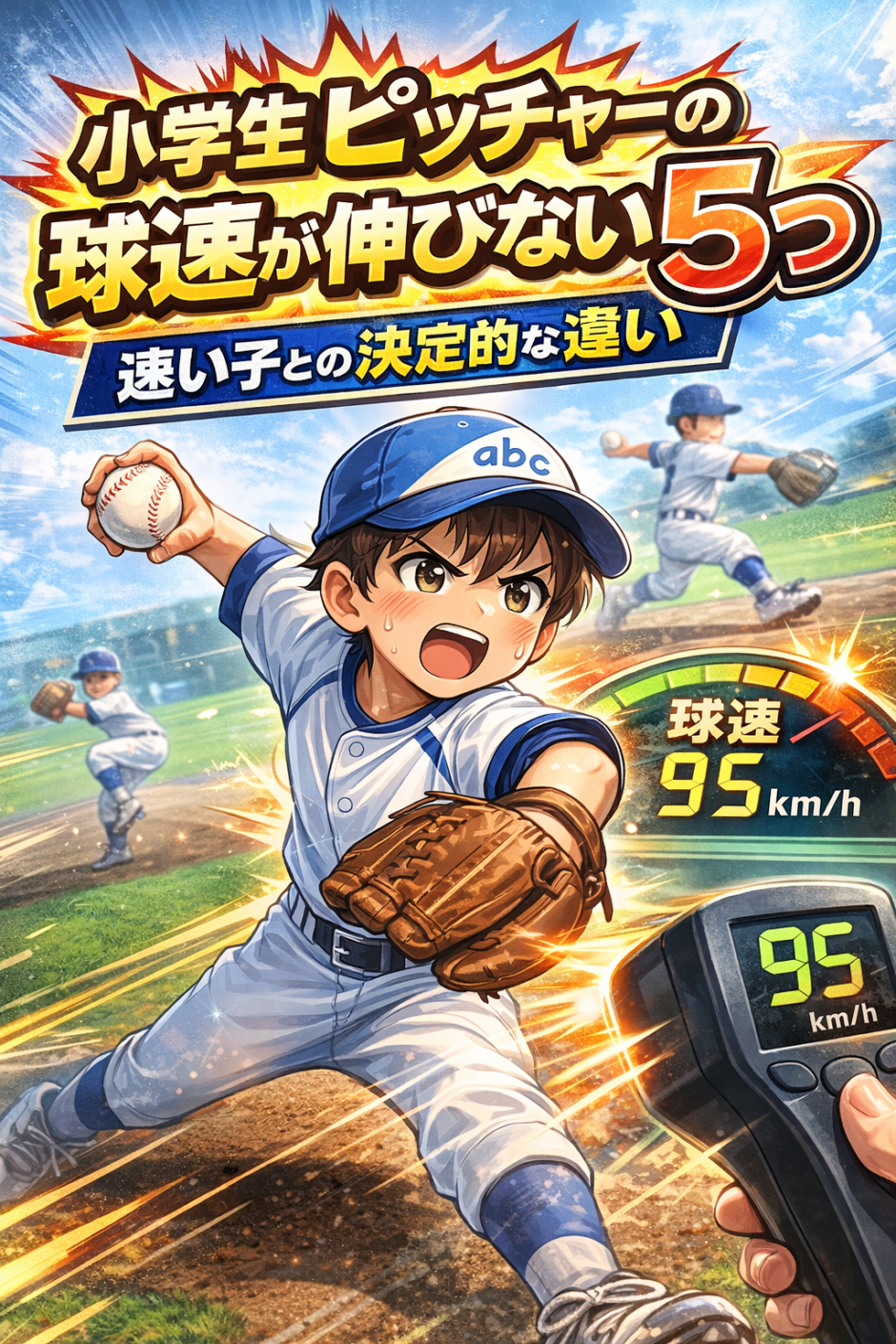 小学生ピッチャーの球速と回転数の平均目安を解説するイメージ画像｜学年別・男女別データと球速を上げる方法
