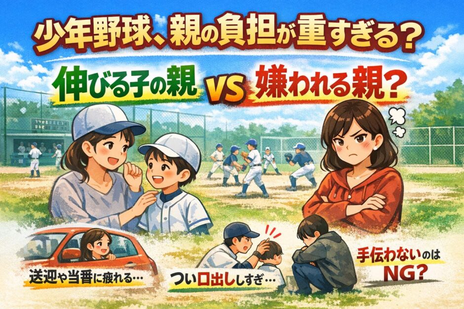 少年野球で親の負担や関わり方に悩むママと、ユニフォーム姿の子どもを描いたイメージイラスト