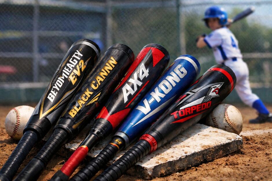 少年野球バットを比較｜ビヨンド・ブラックキャノン・AX4・Vコング・トルピートを並べたアイキャッチ画像