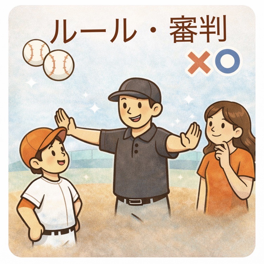 少年野球のルールと審判解説｜審判と野球少年とママのイラスト