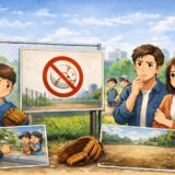 公園でボール遊び禁止の看板の前で、野球ボールとグローブを持ち困った表情をする子どもと、それを見守る親のイラスト