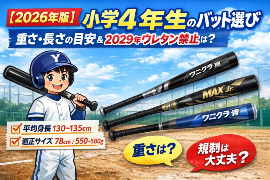 小学4年生のバット重さ・長さの目安と2029年ウレタン禁止を解説したアイキャッチ画像