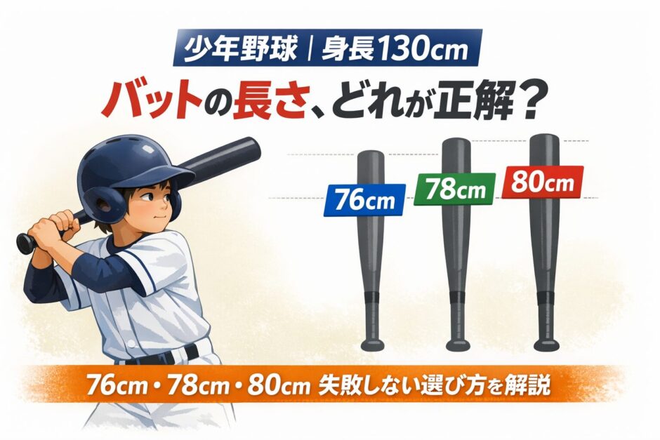 少年野球で身長130cmの子どもに合うバットの長さ（76cm・78cm・80cm）を比較したアイキャッチ画像