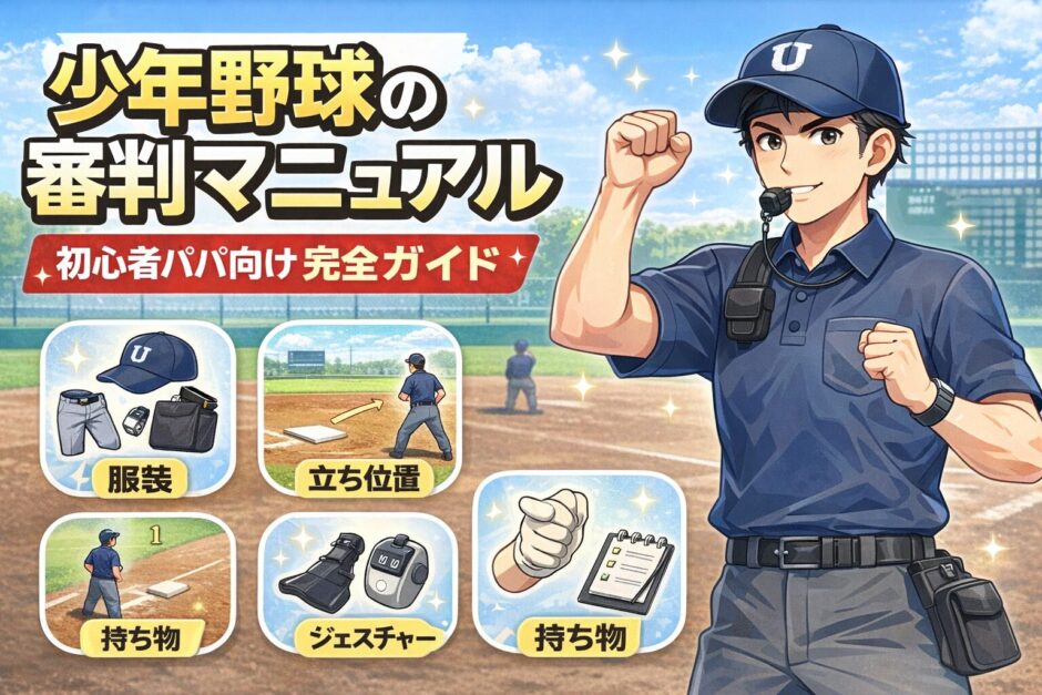 少年野球の審判やり方を解説する初心者パパ向けマニュアルのアイキャッチ画像。服装・立ち位置・ジェスチャーを紹介