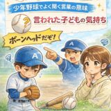 少年野球で「ボーンヘッドだぞ！」と言われ落ち込む子どもと戸惑う親のイラスト