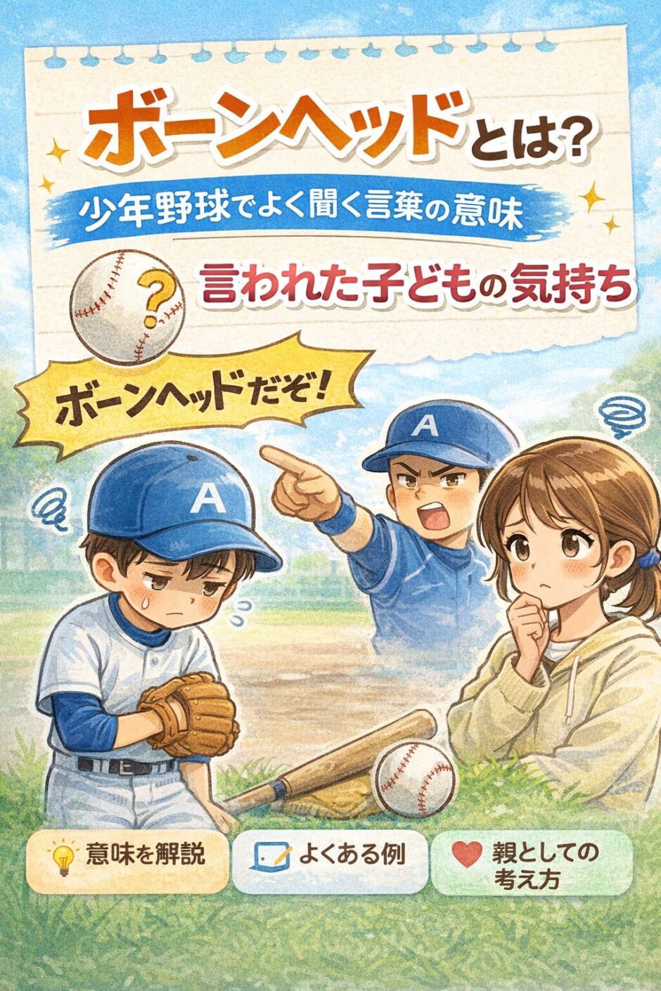 少年野球で「ボーンヘッドだぞ！」と言われ落ち込む子どもと戸惑う親のイラスト