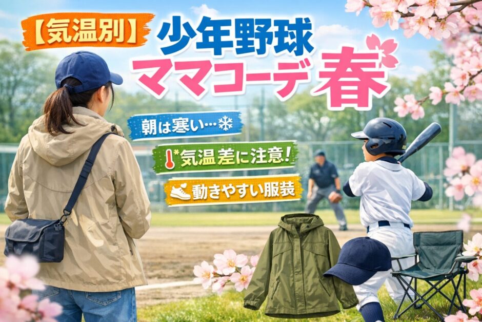 少年野球の春の観戦でマウンテンパーカーを着たママが応援している様子｜気温別ママコーデ春