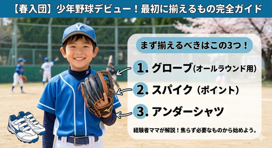 少年野球デビュー！最初に揃えるもの完全ガイド：笑顔の少年と桜のグラウンドを背景に、初心者がまず揃えるべき「グローブ（オールラウンド用）」「スパイク（ポイント）」「アンダーシャツ」の3つをリストアップしたブログアイキャッチ画像。