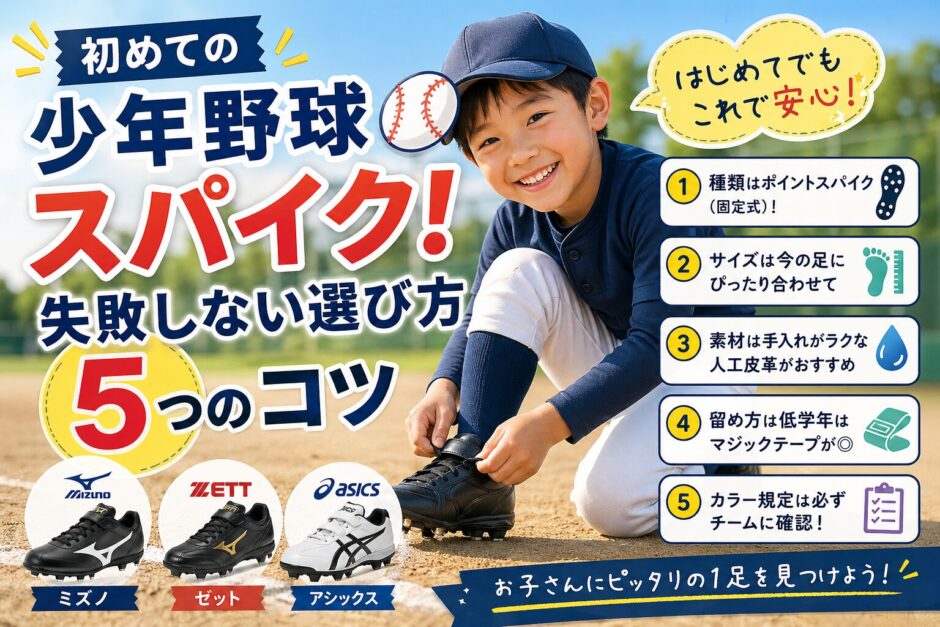 少年野球スパイクの選び方5つのコツ｜ポイントスパイク・サイズ・素材・マジックテープなど初心者向けに解説したアイキャッチ画像