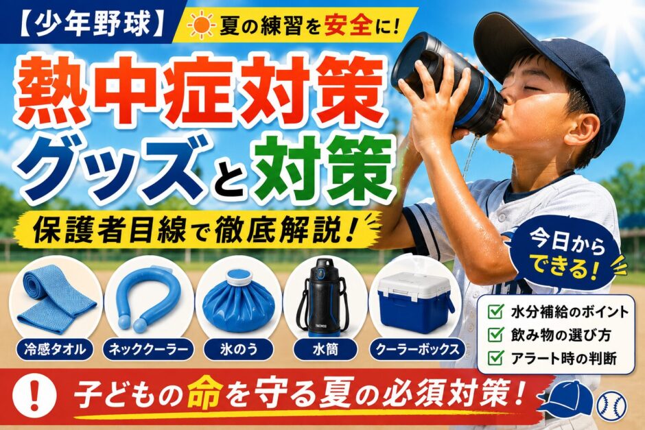 少年野球の熱中症対策をテーマにした高情報量のアイキャッチ画像。炎天下のグラウンドで大きな水筒を飲む野球少年を中心に、「熱中症対策 グッズと対策」という大きな文字と、「冷感タオル」「ネッククーラー」「氷のう」「水筒」「クーラーボックス」などの対策グッズを写真付きで紹介している。水分補給・飲み物の選び方・熱中症警戒アラート時の判断なども強調された、YouTubeサムネイル風の目立つデザイン。