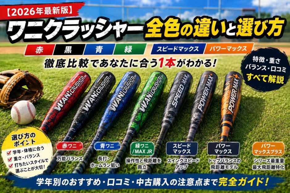 芝生のグラウンドに赤・黒・青・緑・スピードマックス・パワーマックスなど複数のワニクラッシャーバットを並べ、色ごとの違いや選び方を比較している少年野球向けアイキャッチ画像