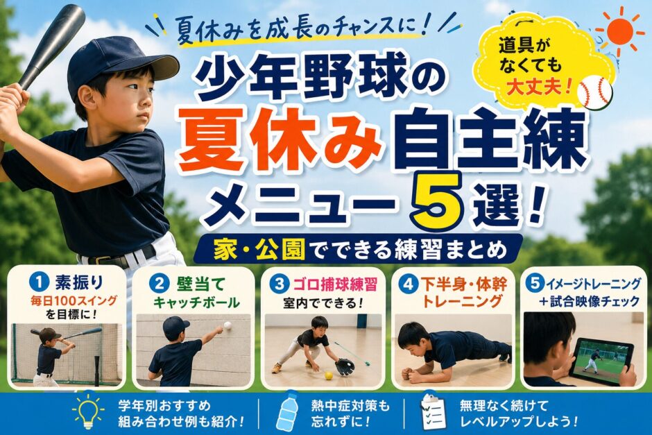 少年野球の夏休み自主練メニューを紹介するアイキャッチ画像。バットを構える少年を中心に、「素振り」「壁当てキャッチボール」「ゴロ捕球練習」「下半身・体幹トレーニング」「イメージトレーニング」の5つの自主練メニューを写真付きで紹介している。家や公園でできる練習をまとめた、夏らしい明るいデザイン。