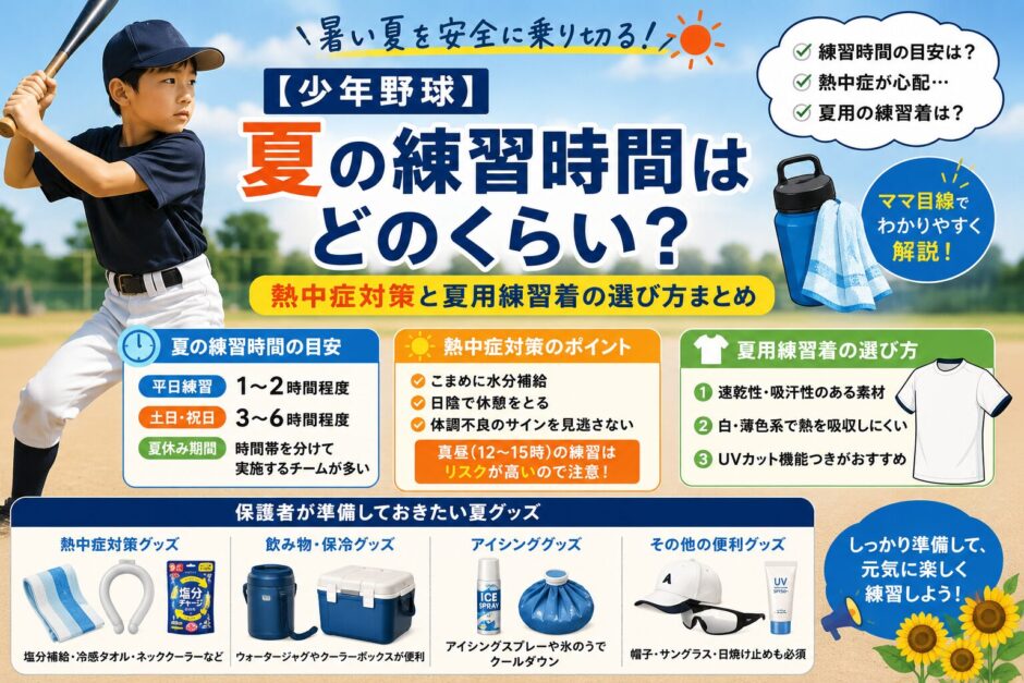 夏の少年野球をテーマにしたアイキャッチ画像。バットを構える少年を中心に、「夏の練習時間はどのくらい？」というタイトルと、熱中症対策・夏用練習着の選び方・保護者向け夏グッズをイラスト付きでわかりやすく紹介している。青空とグラウンド背景の、夏らしい明るいインフォグラフィック風デザイン。