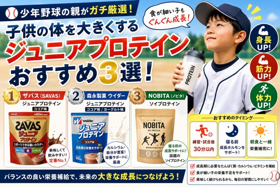 少年野球の親が厳選したジュニアプロテインおすすめ3選を紹介するアイキャッチ画像｜ザバス・ウイダー・ノビタを比較して体づくりや成長をサポート