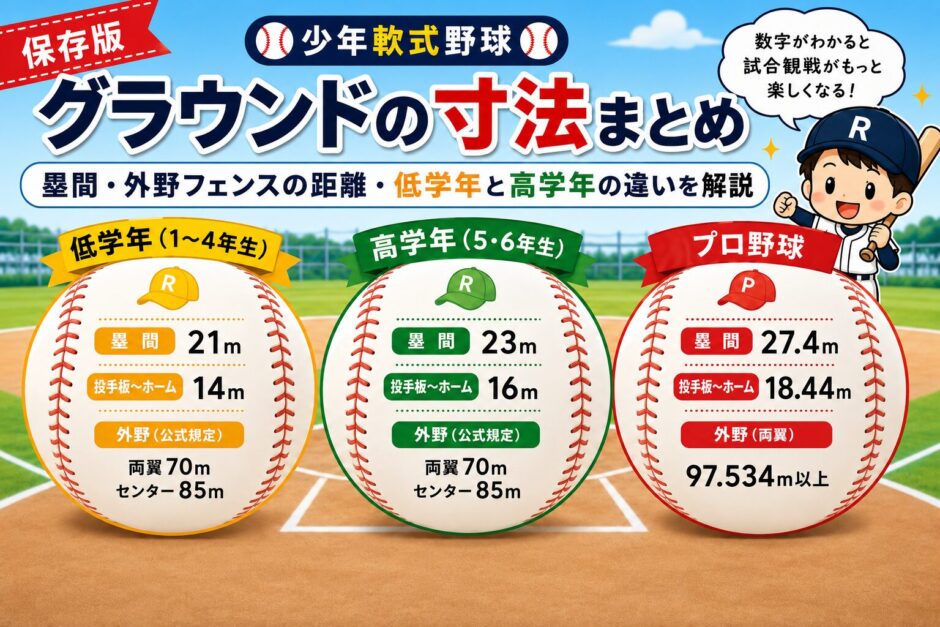 少年軟式野球グラウンドの寸法まとめ｜低学年・高学年・プロ野球の塁間・投手板からホーム・外野フェンスの距離を比較した図