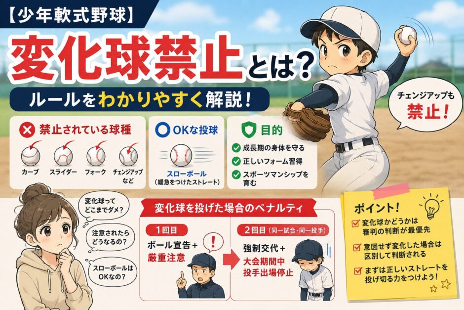 【少年軟式野球】変化球禁止とは？禁止球種・ペナルティ・OKな球種をわかりやすく解説したアイキャッチ画像