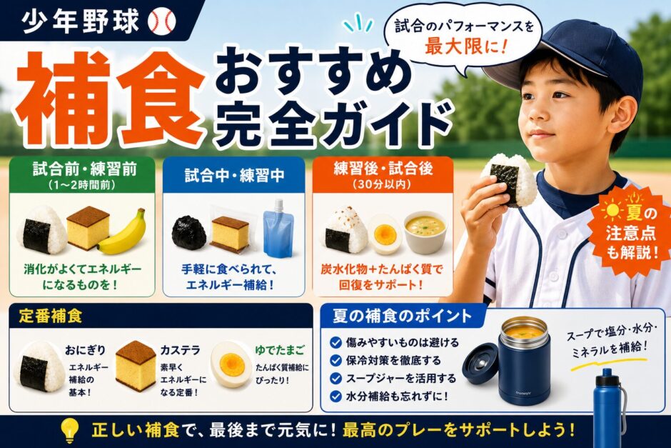 【少年野球】補食おすすめ完全ガイド｜試合前・試合中・練習後に何を食べる？夏の注意点も解説したアイキャッチ画像