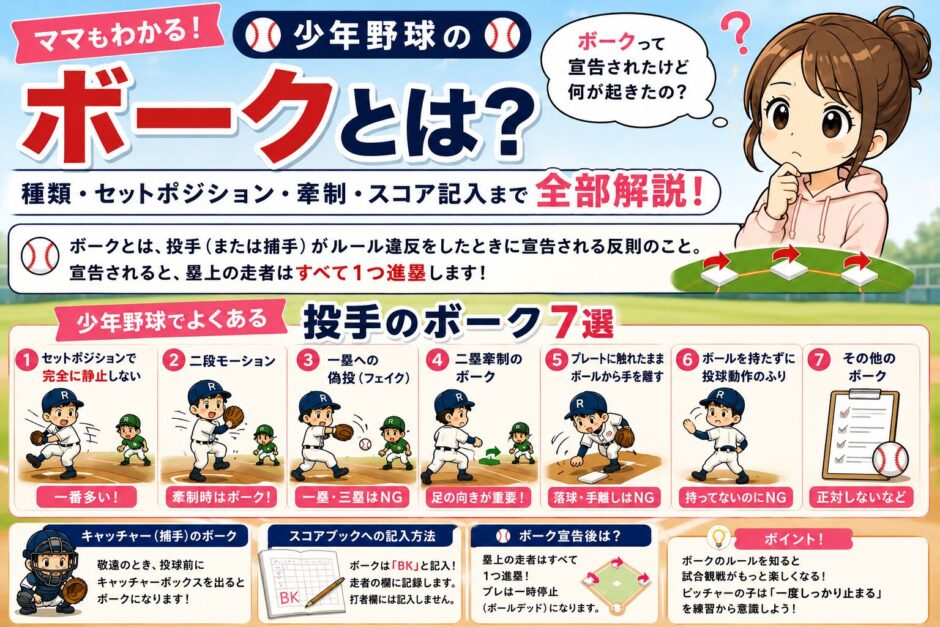 少年野球のボークとは？セットポジション・牽制・二段モーション・スコア記入をわかりやすく解説した図