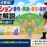 少年軟式野球のポジション番号・英語・漢字・役割を一覧で解説した図。ピッチャー・キャッチャー・ショート・センターなど全9ポジションの特徴や向いている子、難しい順を紹介