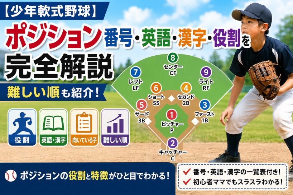 少年軟式野球のポジション番号・英語・漢字・役割を一覧で解説した図。ピッチャー・キャッチャー・ショート・センターなど全9ポジションの特徴や向いている子、難しい順を紹介