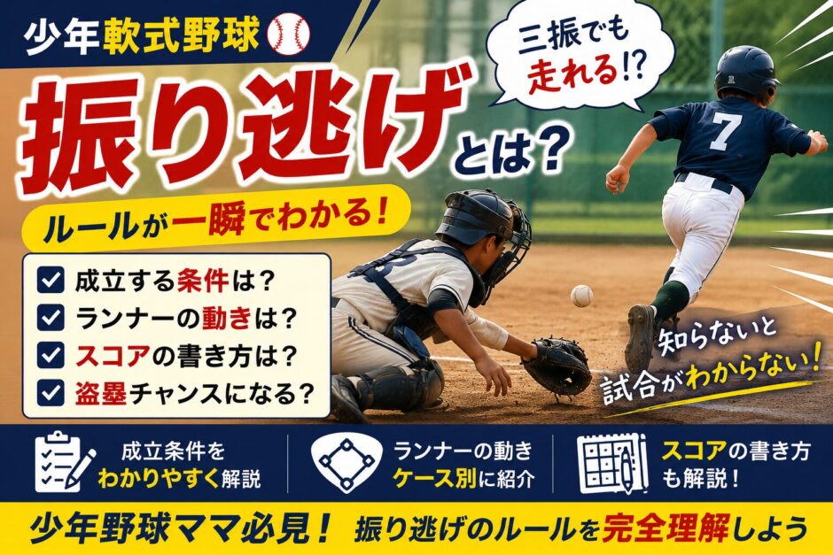 少年軟式野球の振り逃げルールをわかりやすく解説したアイキャッチ画像｜成立条件・ランナーの動き・スコアの書き方を紹介