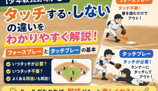 【少年軟式野球】タッチする・しないの違いをわかりやすく解説｜フォースプレーとタッチプレーの基本