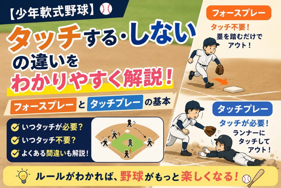 【少年軟式野球】タッチする・しないの違いをわかりやすく解説｜フォースプレーとタッチプレーの基本を紹介したアイキャッチ画像