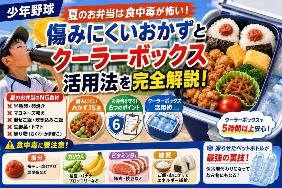 少年野球の夏のお弁当対策をまとめたアイキャッチ画像。傷みにくいおかず15選、クーラーボックス活用法、食中毒予防のポイントを紹介。