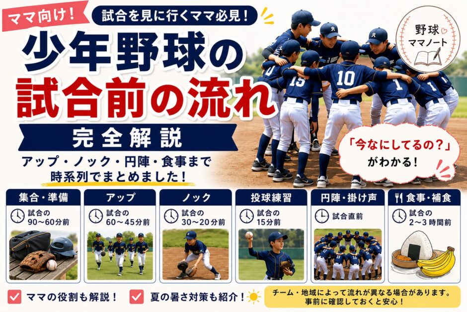 少年野球 試合前の流れ｜アップ・ノック・投球練習・円陣・食事・ママの役割をまとめたアイキャッチ画像