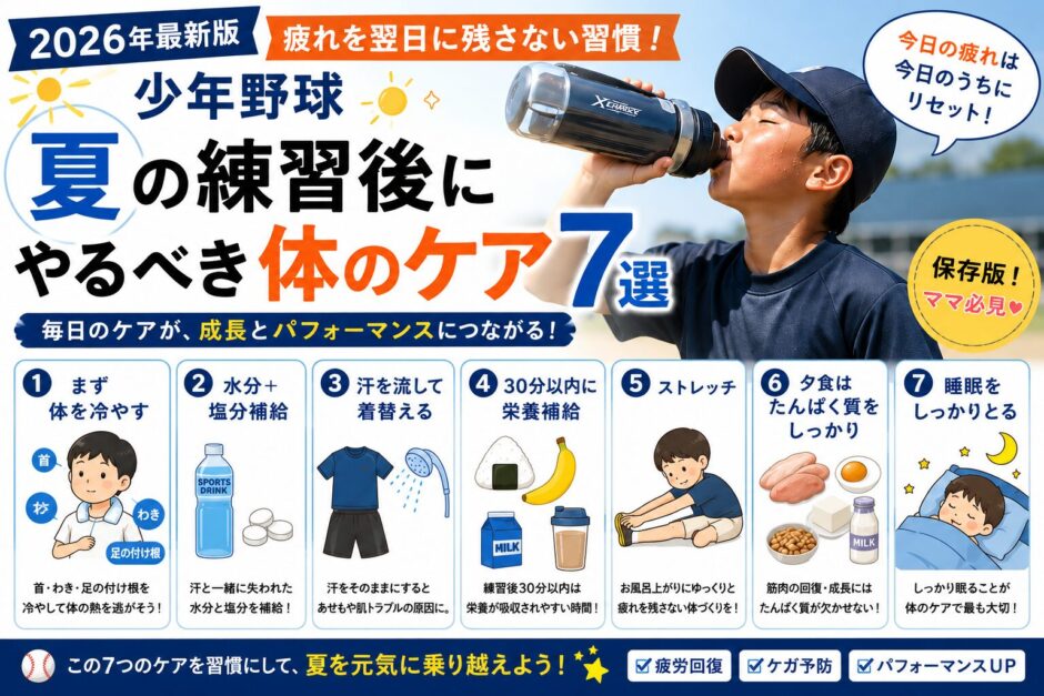 少年野球の夏の練習後にやるべき体のケア7選を紹介したアイキャッチ画像
