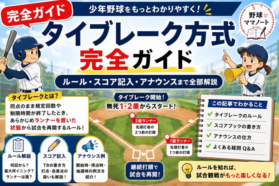 少年野球のタイブレーク方式をわかりやすく解説したアイキャッチ画像｜ルール・ランナー・スコア記入・アナウンス方法まとめ