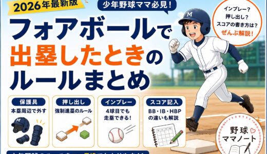 少年野球｜フォアボールで出塁したときのルールまとめ【保護具・押し出し・スコア記入・インプレーまで解説】