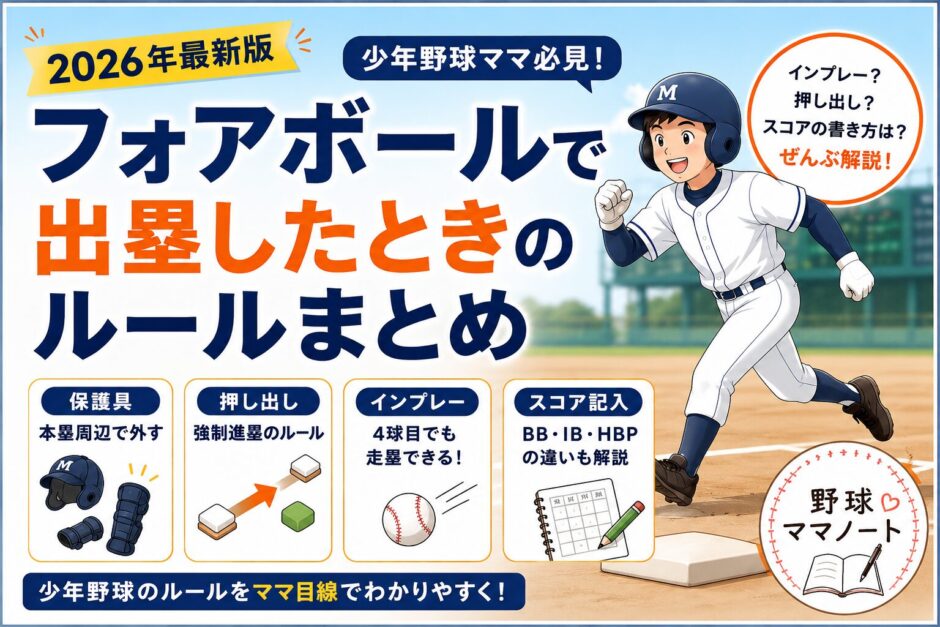 少年野球のフォアボールで出塁したときのルールまとめ｜インプレー・押し出し・保護具・スコアの書き方