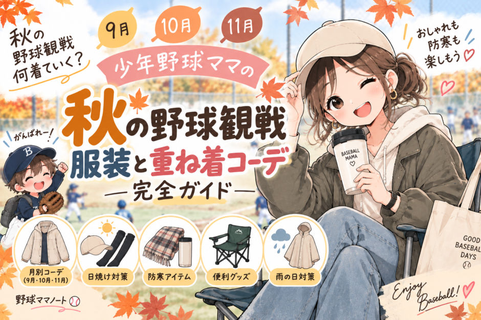少年野球の秋の野球観戦でおすすめの服装と防寒対策を紹介するイラスト