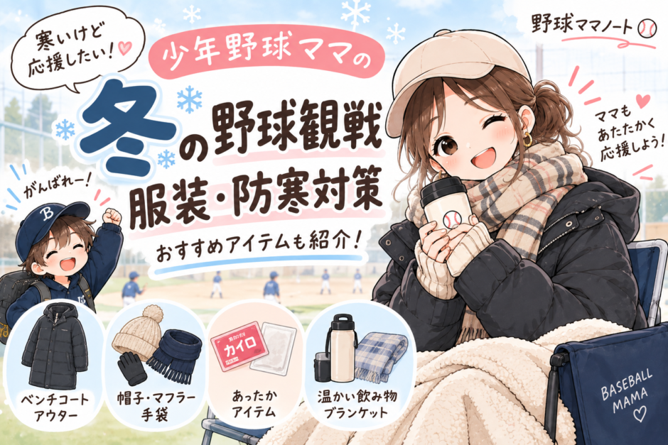 少年野球の冬の野球観戦におすすめの服装や防寒対策を紹介するイラスト
